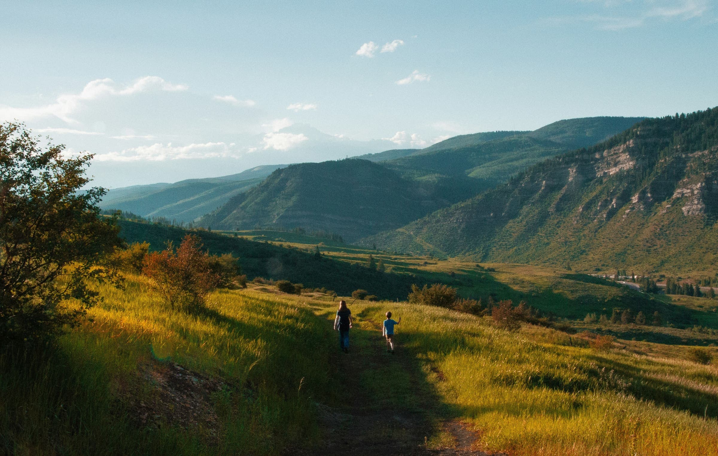 Hikers on a grassy mountain trail in Colorado