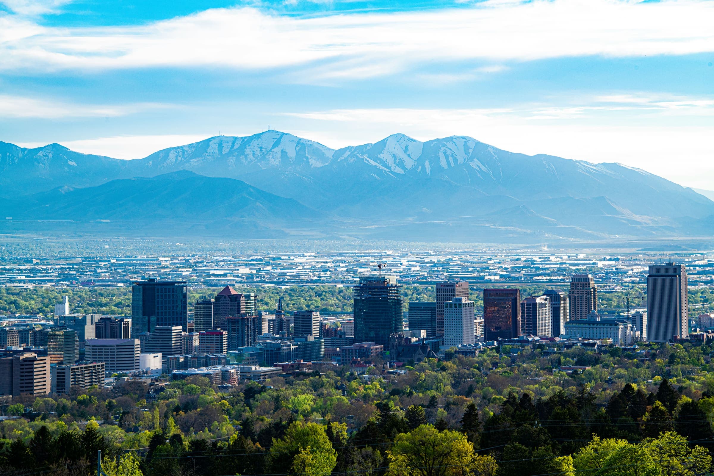 Salt Lake City skyline below the Wasatch Mountains